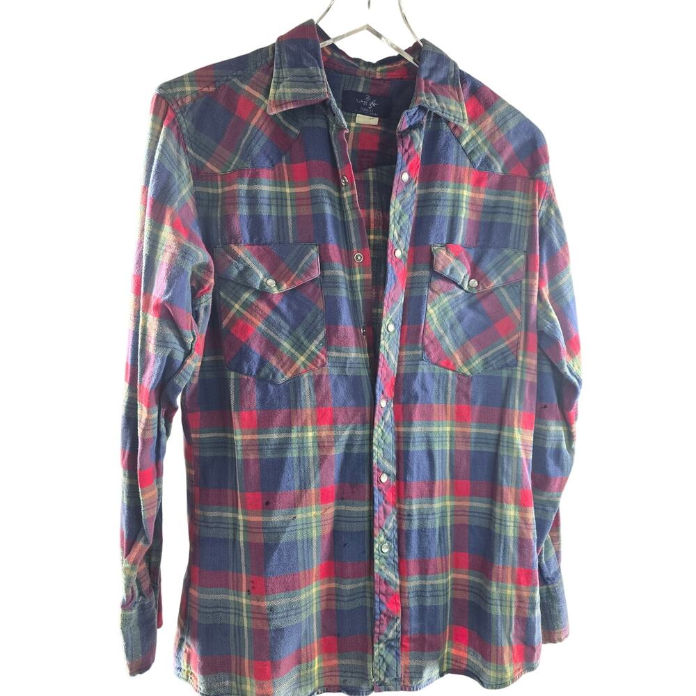 Vintage Wrangler Tartan Plaid Pearl Snap Cotton Cowboy Shirt Size M